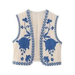 Vertvie Damen Vintage Blumen Stickerei Kurze Weste Jacke Ärmellose Ethnische Bestickte Weste Traditionelle V-Ausschnitt Boho Westen für Frauen Patchwork Hippie Tops(Blau Floral ，L) von Vertvie