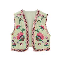 Vertvie Damen Vintage Blumen Stickerei Kurze Weste Jacke Ärmellose Ethnische Bestickte Weste Traditionelle V-Ausschnitt Boho Westen für Frauen Patchwork Hippie Tops(Grün Floral，L) von Vertvie