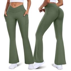 Vertvie Damen Yogahose Mit Taschen V-Taille Scrunch Butt Schlaghose Blickdicht Lang Leggings Flared Nahtlose Jazzpants Fitness Casual(Armeegrün,M) von Vertvie