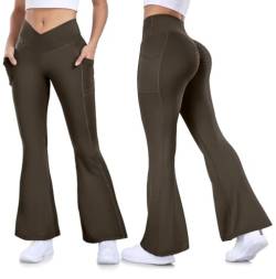 Vertvie Damen Yogahose Mit Taschen V-Taille Scrunch Butt Schlaghose Blickdicht Lang Leggings Nahtlose High Waist Jazzpants Fitness Casual(Braun,M) von Vertvie