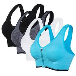 Vertvie Damen Zip Front Sport BH Vorderverschluss Push Up Ohne Bügel Bustier Running Bra Ringerrücken Strech Gepolstert Bralette für Fitness Yoga(Schwarz+grau+weiß+hellblau,XXL) von Vertvie