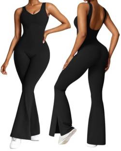 Vertvie Flared Jumpsuit Damen Eng Lang Ärmellos Sport Bodysuit mit Pads Yoga Einteiler mit Schlag Romper Bootcut Overall Workout(Schwarz,L) von Vertvie