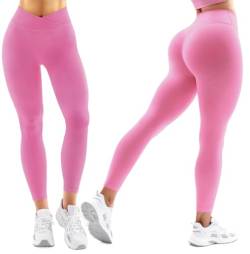 Vertvie Gym Leggings Damen V Bund Scrunch Butt Sport Leggings High Waist Push Up Boom Booty Leggings Fitness Seamless Sporthose V Cross(1pc/Rosa,XL) von Vertvie