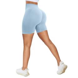 Vertvie Gym Shorts Damen Boom Booty Shorts High Waist Kurze Sporthose Leggings Scrunch Butt Nahtlose Fitness Shorts Radlershorts(A: Hellblau,L) von Vertvie