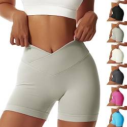 Vertvie Gym Shorts Damen V Cross Leggings Kurz Scrunch Butt High Waist Sporthose Yoga Sport Shorts Sommer Blickdicht Nahtlose Laufhose für Fitness, Jogging, Biker(M,Grün) von Vertvie