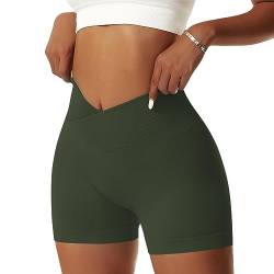 Vertvie Gym Shorts Damen V Cross Leggings Kurz Scrunch Butt High Waist Sporthose Yoga Sport Shorts Sommer Blickdicht Nahtlose Laufhose für Fitness, Jogging, Biker(M,Olivgrün) von Vertvie