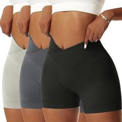 Vertvie Gym Shorts Damen V Cross Leggings Kurz Scrunch Butt High Waist Sporthose Yoga Sport Shorts Sommer Blickdicht Nahtlose Laufhose für Fitness, Jogging, Biker(M,Schwarz+Grau+Grün) von Vertvie