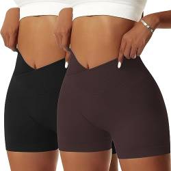 Vertvie Gym Shorts Damen V Cross Leggings Kurz Scrunch Butt High Waist Sporthose Yoga Sport Shorts Sommer Blickdicht Nahtlose Laufhose für Fitness, Jogging, Biker(S,Schwarz+Dunkelbraun) von Vertvie