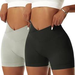 Vertvie Gym Shorts Damen V Cross Leggings Kurz Scrunch Butt High Waist Sporthose Yoga Sport Shorts Sommer Blickdicht Nahtlose Laufhose für Fitness, Jogging, Biker(S,Schwarz+Grün) von Vertvie