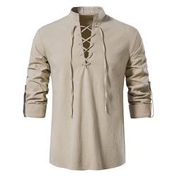 Vertvie Herren Langarm Leinenhemd Mittelalter Hemd Schnürhemd Stehkragen Gothic Steampunk Viktorianisch T-Shirt Regular Fit Freizeithemd Atmungsaktiv V-Ausschnitt Einfarbig Sommer Shirt(Khaki,L) von Vertvie