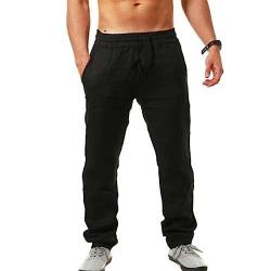 Vertvie Herren Leinenhose Lang Baumwolle Freizeithose Casual Sommerhose Strandhose mit Kordelzug Leicht Loose Fit Freizeithose Jogginghose Yogahose Stoffhose für Urlaub Strand Alltag(3XL,Schwarz) von Vertvie