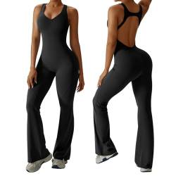 Vertvie Jumpsuit Damen Bootcut Eng Sport Jumpsuit Flared Leg Bodysuit mit Pads Yoga Anzug Einteiler mit Schlag Overall Lang Romper(Rückenfrei: Schwarz,M) von Vertvie