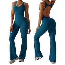 Vertvie Jumpsuit Damen Bootcut Eng Sport Jumpsuit Flared Leg Bodysuit mit Pads Yoga Anzug Einteiler mit Schlag Overall Lang Romper(Rückenfrei: Türkis,M) von Vertvie