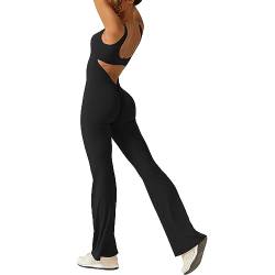 Vertvie Jumpsuit Damen Eng Ärmellos Rückenfrei Bodysuit Overall Sport Yoga Playsuits mit Schlaghose V Rücken Stretch Bodycon Strampler Sexy Einteiler Jumpsuit Streetwear(L，Schwarz) von Vertvie