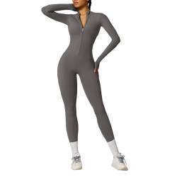 Vertvie Jumpsuit Damen Langarm Eng Yoga Bodysuit mit Reißverschluss V-Ausschnitt Stretch Sport Romper Einteiler Jogging Fitness Trainingsanzug(Grau,M) von Vertvie
