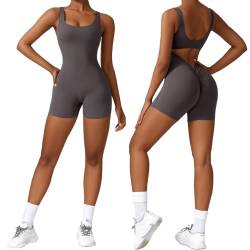 Vertvie Jumpsuit Damen Scrunch Butt Kurz Eng Overall Sommer V Back Jumpsuit Gym Padded Yoga Bodysuit Rückenfrei Einteiler Ärmellose Sport Romper(Tank Grau,M) von Vertvie