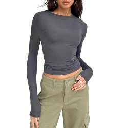 Vertvie Langarmshirt Damen Eng Y2K Top Slim Fit Long Sleeve Shirt Sexy Oberteile Langarm Basic Crop Tops Rundhals Cropped Tee Casual Teenager Streetwear(Dunkelgrau,M) von Vertvie