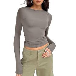 Vertvie Langarmshirt Damen Eng Y2K Top Slim Fit Long Sleeve Shirt Sexy Oberteile Langarm Basic Crop Tops Rundhals Cropped Tee Casual Teenager Streetwear(Hellgrau,XS) von Vertvie