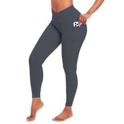 Vertvie Leggings Damen mit Taschen V Cross Hohe Taille Sportleggins Blickdicht Bauchkontrolle Yogahose Gym Yoga Fitness(Grau,M) von Vertvie