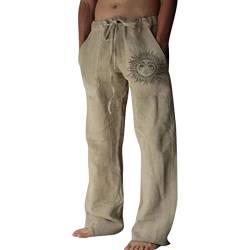 Vertvie Leinenhose Herren Lang Baumwolle Freizeithose Casual Strandhose mit Kordelzug Leicht Einfarbig Sommerhose Weite Beine Haremhose Jogginghose Yogahose Stoffhose （Khaki，L） von Vertvie