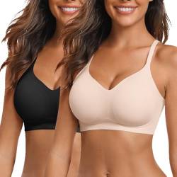 Vertvie Nahtloser BH Damen Ohne Bügel Bequemer BH Push Up Soft BH V Ausschnitt Weicher Bustier Ultrakomfortable BH Gepolstert Bralette T-Shirts BH Seamless Bra(2pc: Beige/Schwarz,L) von Vertvie