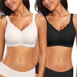 Vertvie Nahtloser BH Damen Ohne Bügel Seamless BH Bügelloser Bustier V Ausschnitt Buttrig Glatt Soft BH ohne Buegel Push Up Bequemer BH T Shirt Bra(2pc/Schwarz/Weiß,XL) von Vertvie