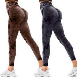 Vertvie Scrunch Butt Leggings Damen V Cross Nahtlos Hohe Taille Booty Lifting Sportleggins Po Push Up Blickdicht Yogahose Gym Workout Sport(2 Pack Tie Dye Schwarz/Tie Dye Braun,M) von Vertvie