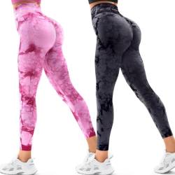 Vertvie Scrunch Butt Leggings Damen V Cross Nahtlos Hohe Taille Booty Lifting Sportleggins Po Push Up Blickdicht Yogahose Gym Workout Sport(2 Pack Tie Dye Schwarz/Tie Dye rosa,M) von Vertvie