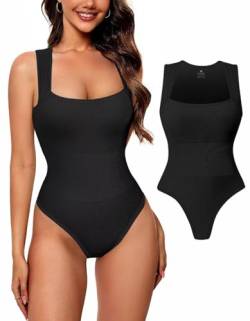 Vertvie Shapewear Damen Bodysuit Quadratischer Ausschnitt Gerippt Ärmellos blickdicht Bodysuit Tops Bauchweg-Effekt Shapewear Bodysuits(1pc Schwarz,M) von Vertvie