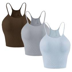 Vertvie Spaghetti Crop Tops Damen Set Basic Oberteile Bauchfrei Racerback Crop Tank Top Sport BH ohne Pads Gerippt Ärmelloses Tops Teenager Mädchen Gym Top(3pc/Braun/Grau/Blau,S) von Vertvie