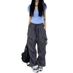 Vertvie Track Pants Damen Y2K Parachute Pants Fallschirmhosen Teenager Baggy Cargohose Vintage Freizeithose Elastische Taille Schnell Trocken Lange Hose 90er Streetwear(C-Grau,S) von Vertvie