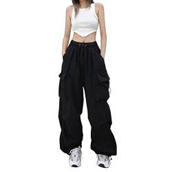 Vertvie Track Pants Damen Y2K Parachute Pants Fallschirmhosen Teenager Baggy Cargohose Vintage Freizeithose Elastische Taille Schnell Trocken Lange Hose 90er Streetwear(C-Schwarz,2XL) von Vertvie