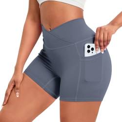 Vertvie V Cross Gym Shorts Damen Nahtlos Workout Shorts V Waist Hohe Taille Kurz Sporthose Butt Lift Stretch Yoga Leggings mit Seitentaschen Push Up Radlerhose Sommer (Blaugrau, M) von Vertvie