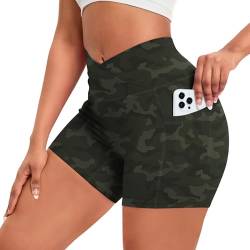 Vertvie V Cross Gym Shorts Damen Workout Shorts V Waist Hohe Taille Kurz Sporthose Butt Lift Stretch Yoga Leggings mit Seitentaschen Push Up Radlerhose Sommer (Tarngrün, M) von Vertvie