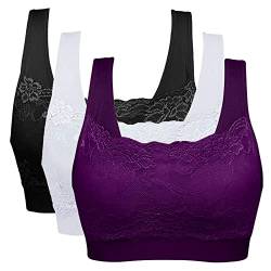 Vertvie Womens Strech Ohne Buegel Push up Yoga Sports BH Bra Top Set Fuer Fitnesstraining Polsterung 3er Pack (EU L/Tag XL, Schwarz+Weiß+Dunkellila) von Vertvie