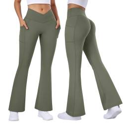 Vertvie Yogahose Damen Schlaghose Lang Flared Leggings Booty Scrunch Bootcut Sporthose mit Taschen V Cross Bootleg Yoga Pants Fitnesshose Jazzpants(Armeegrün,M) von Vertvie