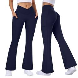 Vertvie Yogahose Damen Schlaghose Lang Flared Leggings Booty Scrunch Bootcut Sporthose mit Taschen V Cross Bootleg Yoga Pants Fitnesshose Jazzpants(Marine,S) von Vertvie