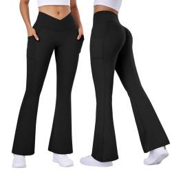 Vertvie Yogahose Damen Schlaghose Lang Flared Leggings Booty Scrunch Bootcut Sporthose mit Taschen V Cross Bootleg Yoga Pants Fitnesshose Jazzpants(Schwarz,L) von Vertvie