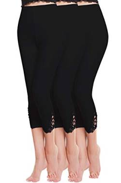 Vertvie damen 3/4 Länge Leggings mit Spitzenabschluß Hollow mit strass casual Modal Caprihose Strumphosen Stretch pants Einheitsgröße (One Size, 3 Schwarz) von Vertvie