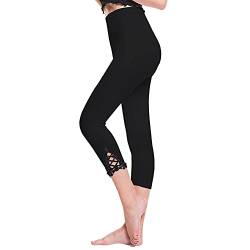 Vertvie damen 3/4 Länge Leggings mit Spitzenabschluß Hollow mit strass casual Modal Caprihose Strumphosen Stretch pants Einheitsgröße (One Size, Schwarz) von Vertvie