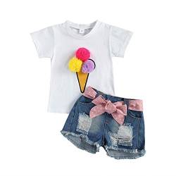Baby Mädchen Kleidung Denim Outfits Weiß Kurzarm T-Shirt + Zerrissene Jeans Lochhose Zweiteiler 110 Weiß 3-4 Jahre von Verve Jelly