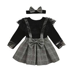 Baby Mädchen Strapsrock Rock Set Spitze Langarm Bluse Tops + Plaid Overall Rock + Stirnband Outfit 3 Stücke Herbst Winter Kleidung, Schwarz, 110, 3-4 Jahre von Verve Jelly