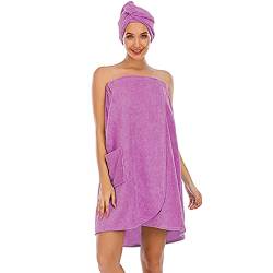 Damen Badetuch Baumwolle Spa Dusche Damen Handtuch Kleid Verstellbare Robe Mit Tasche Haar Turban Handtuch, Lila, M von Verve Jelly