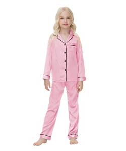 Kleinkind Baby Jungen Mädchen Satin Pyjama Langarm Top mit Knöpfen Hemd und lange Hose Einfarbig Nachtwäsche 2er Set Rosa 140 9 10 Jahre von Verve Jelly