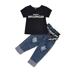 Kleinkind Baby Mädchen Kleidung Set Kurzarm Brief Druck Bluse T-Shirt Tops + Zerrissene Jeans mit Gürtel 2Pcs Sommer Outfit, Schwarz, 90, 1-2 Jahre von Verve Jelly