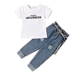 Kleinkind Baby Mädchen Kleidung Set Kurzarm Mini Influencer Bluse T-Shirt Tops + Zerrissene Jeans mit Gürtel 2Pcs Sommer Outfit von Verve Jelly