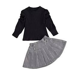 Kleinkind Kinder Baby Mädchen Karierter Rock Set Einfarbig Strickpullover T-Shirt Tops + Mini Bleistiftrock Set Langarm Outfits Herbst Outfit Set Schwarz 140 6-7 Jahre von Verve Jelly