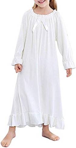 Mädchen Baumwolle Langarm Nachthemd Schlafshirts Pyjama Kleinkind Schlafkleid Prinzessin Nachtwäsche für Mädchen 3-12 Jahre, White 2, 150 cm(10-12 Jahre) von Verve Jelly