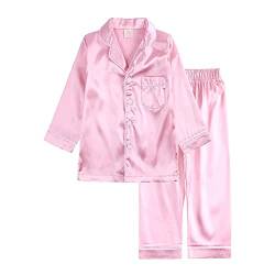 Mädchen Pyjama Set Langarm Button-Down Hemd Oberteile mit Tasche + Lange Hose Herbst Pjs 2 Teilig Nachtwäsche Button-Down Nachtwäsche Nachthemd Rosa 140 8-9 Jahre von Verve Jelly