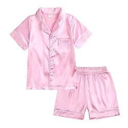 Mädchen-Pyjama-Set kurzärmelig Button-Down-Hemd Tops mit Tasche + Kurze Hose Herbst-Pyjama 2-teilig Nachtwäsche Button-Down-Nachtwäsche Nachthemd 140 Stil B Rosa 8–9 Jahre von Verve Jelly